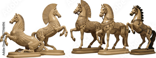 Golden ornamental horse statues collection inspired by ancient art luxury decor sculpture set detailed historical figurines isolated realistic classic design