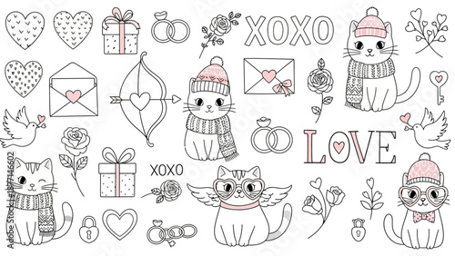 Collection of hand-drawn cat illustrations with winter accessories and love symbols in a minimalist style