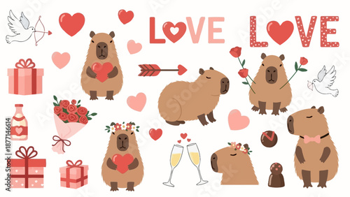 Capybaras surrounded by love symbols and gift elements in a celebratory illustration