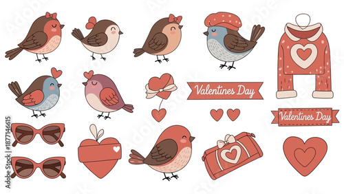 Valentine's Day illustration featuring birds, hearts, and gift elements in a festive design