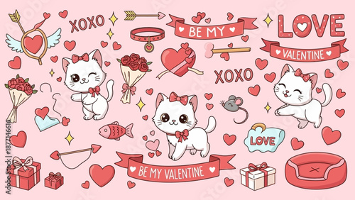 Valentine's Day celebration with cats, hearts, and gifts surrounding festive elements in a lively illustration