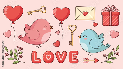 Two birds surrounded by hearts, keys, and gift elements, expressing love and affection in a whimsical illustration