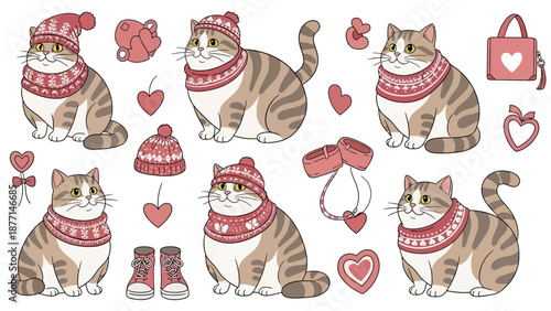 Five cats wearing red winter clothing and accessories surrounded by hearts and gifts in a festive illustration