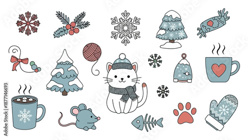 Winter-themed collection of cartoon animals and festive objects in a playful illustration, depicted from a straightforward viewpoint.