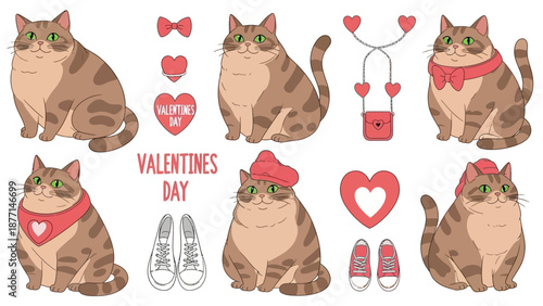Cute cartoon tabby cat illustrations with various Valentine's Day themed accessories including hearts, bows, scarves, hats, and shoes on a white background.