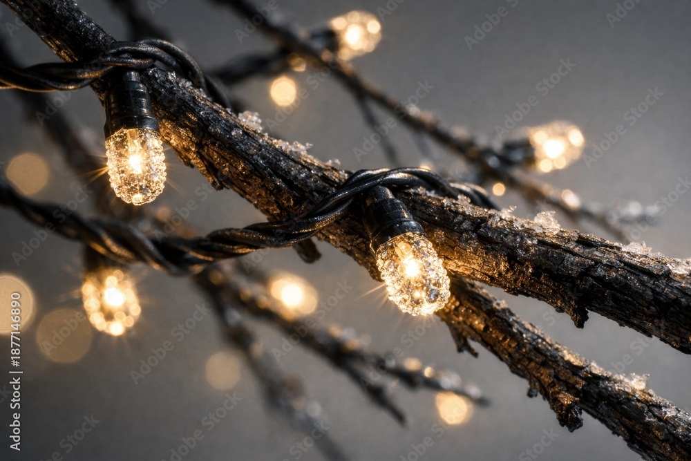 Fototapeta premium Fairy lights wrapped around a frozen branch with soft bokeh background