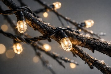 Fairy lights wrapped around a frozen branch with soft bokeh background