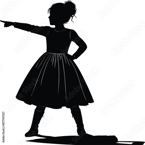 Confident little girl silhouette pointing forward showing leadership power and determination black vector illustration isolated on white background design concept