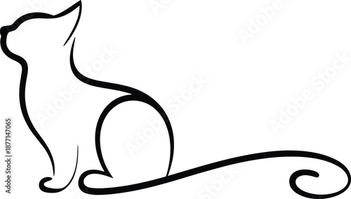 Elegant minimalist line drawing of a sitting cat with curled tail, perfect for tattoos, logos, graphic design, and modern decorative art projects.