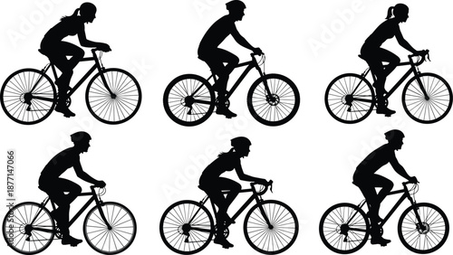 Cycling silhouettes set featuring male and female riders on bicycles for sports fitness transportation vector illustration collection isolated black background