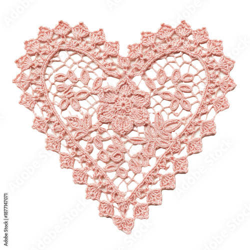 A single, soft blush pink heart-shaped crochet lace doily with delicate floral patterns and scalloped edges, against a transparent background with copy space, vintage romance and delicate