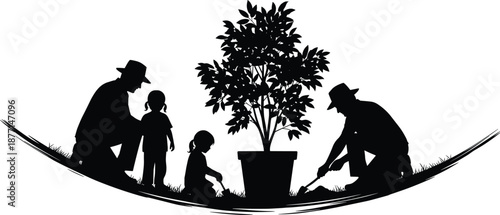 Family gardening silhouette with parents and children planting tree together eco friendly activity black vector illustration isolated on white background design