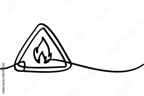 Illustration of a continuous line design on a fire hazard warning, flammable symbol. An interesting abstract line art design.