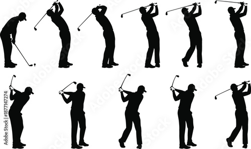 Vector set of black golfer silhouettes showing a complete sequence of a golf swing from address to finish