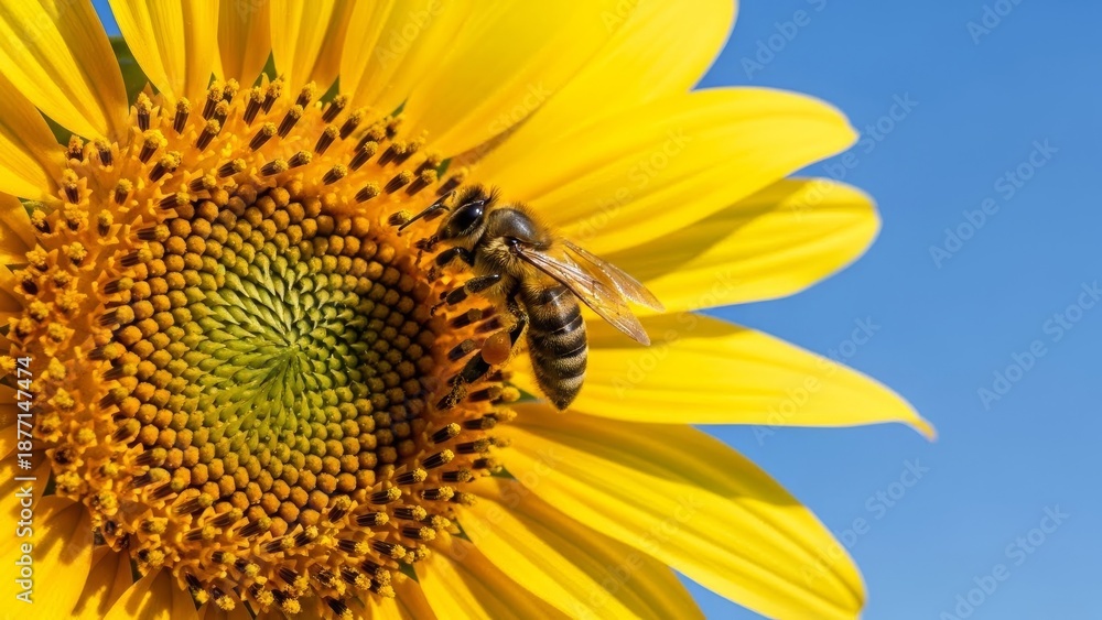Obraz premium A close-up view of a honeybee collecting nectar from a vibrant sunflower against a clear blue sky