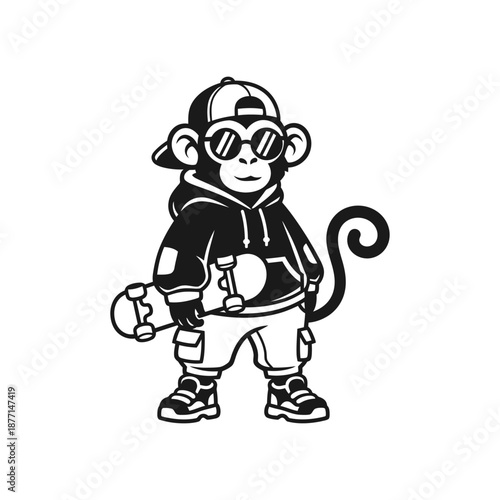 Cool Monkey Character Holding a Skateboard Wearing Sunglasses and a Hoodie.