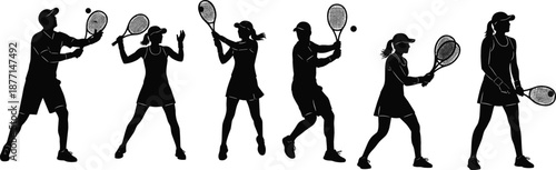 Professional tennis players silhouettes set featuring men and women athletes in action poses hitting balls with rackets isolated