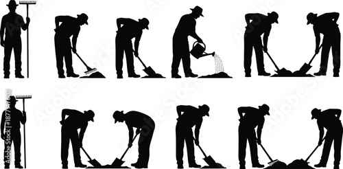 Gardener working silhouette collection showing raking digging watering landscaping activities outdoor farming labor black vector illustration set