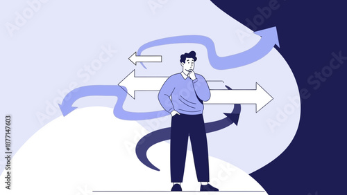 Man making a decision, surrounded by arrows indicating different directions and choices