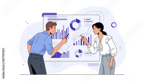 Business meeting: two colleagues analyzing charts and graphs on a whiteboard