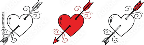 Heart pierced by arrow vector illustration set romantic love symbol valentine design hand drawn style isolated decorative artwork