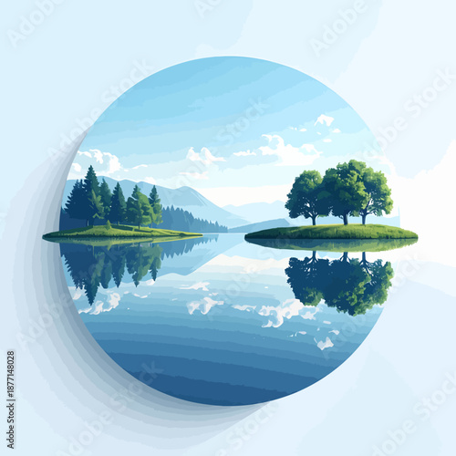 Serene Lake Reflection Icon for World Water Day, Featuring Trees and Mountains in a Circular Frame