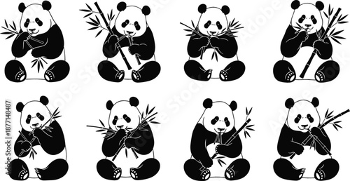 Set of giant panda bear silhouettes eating bamboo branches in various poses for wildlife conservation and nature design