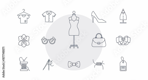Fashion and Sewing Icons Collection - Mannequin, Clothing, Accessories, and Craft Tools.