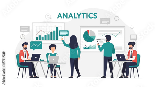 Business analytics team collaborating on data and strategy development