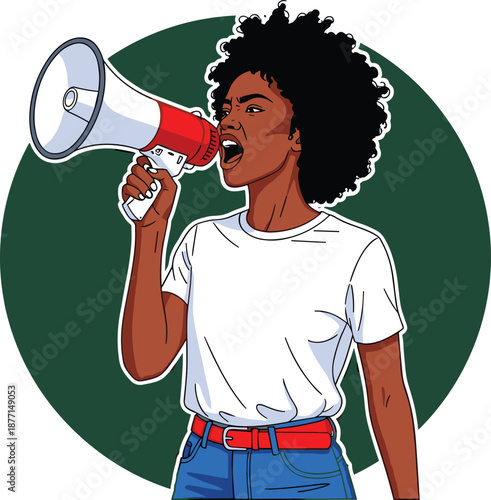 Empowered young Black woman with afro hair shouting into a megaphone for activism and protest against a dark green circle on white background