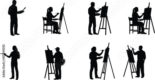 Artist silhouettes painting set with easel and palette, creative painters working on canvas, black vector illustration isolated background white studio