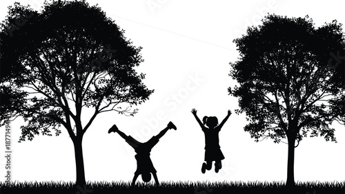 Children silhouettes playing outdoors between trees joyful jumping and handstand fun activities nature freedom concept black vector illustration on background