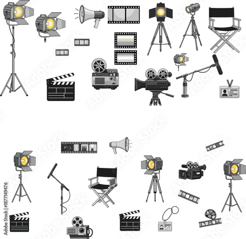 Film production icons including cameras, lights, clapperboards, director chairs, and microphones arranged for creative media, video editing, or filmmaking design use.