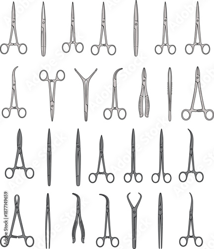 Silhouettes of 25 distinct surgical instruments including forceps, scissors, clamps, and needle holders arranged in a grid for medical or educational use.
