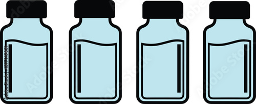Silhouettes of four identical bottles filled with blue liquid, ideal for illustrating chemistry, pharmaceuticals, lab storage, or scientific measurement concepts.