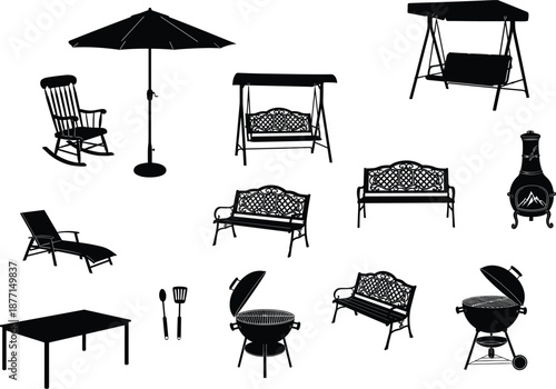 Silhouettes of outdoor furniture and patio accessories including grills, benches, swings, chiminea, and utensils for backyard, garden, terrace, or deck design inspiration.