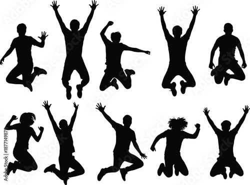 Silhouettes of people mid-jump in dynamic poses, expressing excitement and energy for sports, celebration, or motion-themed design visuals.