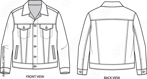 Technical Flat Sketch of a Denim Trucker Jacket Featuring Front and Back Views for Fashion Design Tech Packs and Apparel Manufacturing