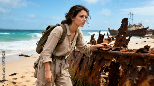 A focused young woman in rugged linen clothing and a backpack explores a rusted, decaying shipwreck on a bright tropical beach with turquoise waves in the background.