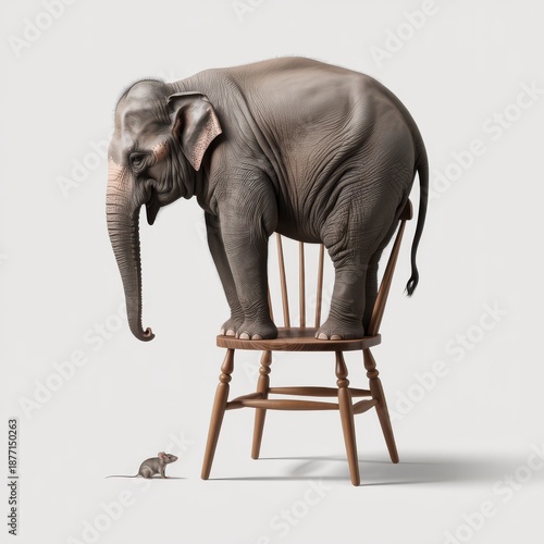 Elephant standing on chair with tiny mouse looking on curiously