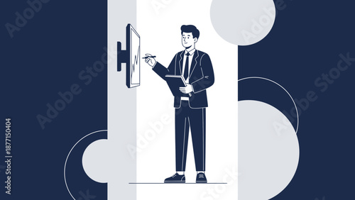 Businessman interacting with digital screen, holding tablet and stylus