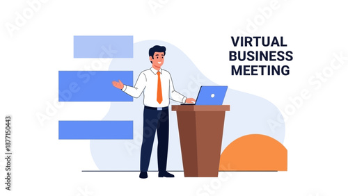 Businessman Presenting Virtual Business Meeting with Laptop on Podium
