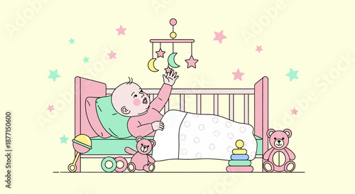 Cute baby reaching for mobile in crib surrounded by toys and pastel stars illustration