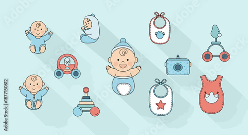 Cute vector illustration of baby icons, toys, and accessories for newborn babies background