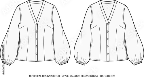 Technical Flat Sketch of a V Neck Balloon Sleeve Blouse for Women Featuring Front and Back Views for Fashion Design