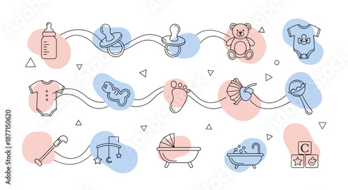 Delicate Baby Icons Set on Playful Background Showcasing Essential Newborn Care Items