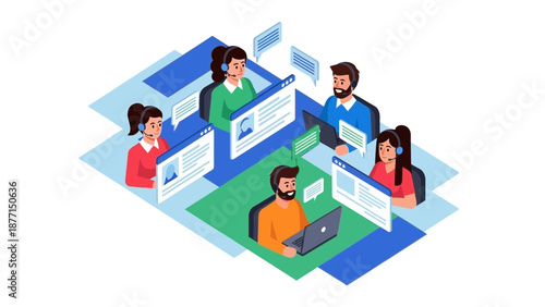 Customer Service Team, Isometric Illustration, Call Center Agents