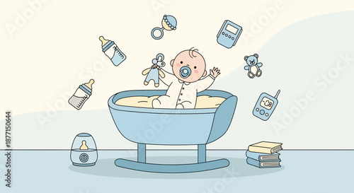 Delightful illustration showcasing baby care items and a cute baby in a cradle softly styled