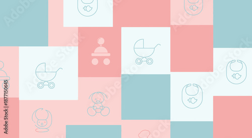 Delicate Pastel Baby Icons on Geometric Background Creates a Playful and Serene Aesthetic