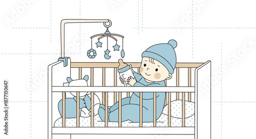Illustration of a cute baby boy drinking from a bottle in a crib with a mobile  hanging overhead
